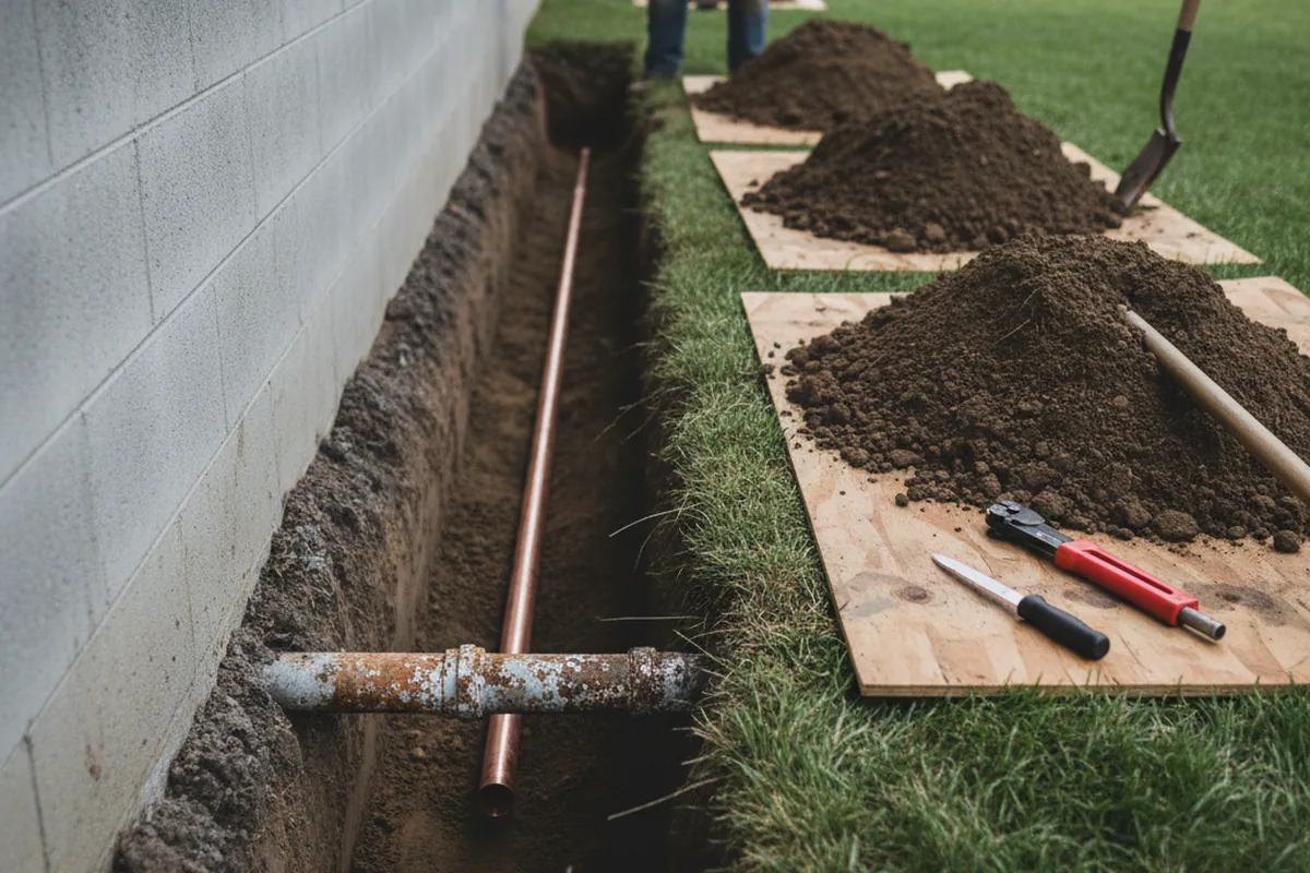 Excavated water line trench during Water Softener Installation in Waveland